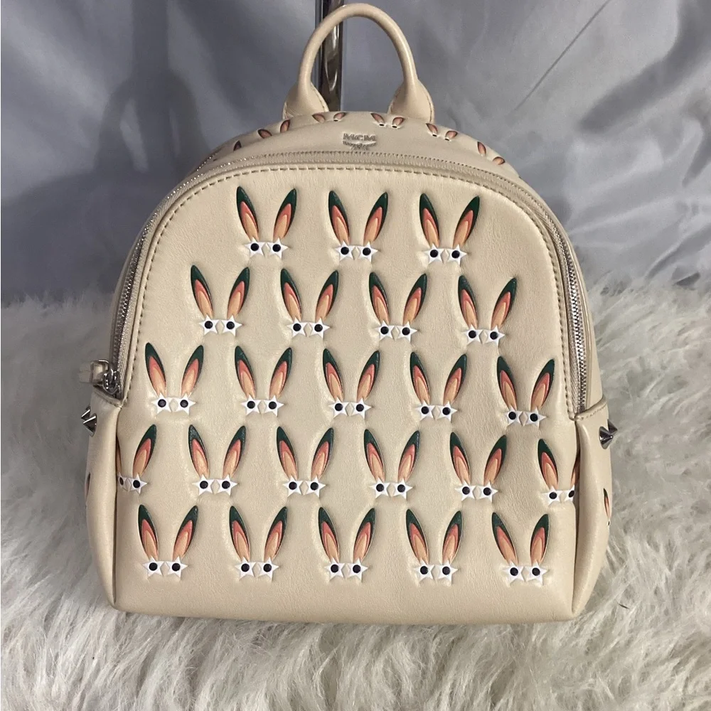 MCM Star Eyed Bunny Rabbit Lambskin Mini Backpack Studded Straps Pink Suede Int